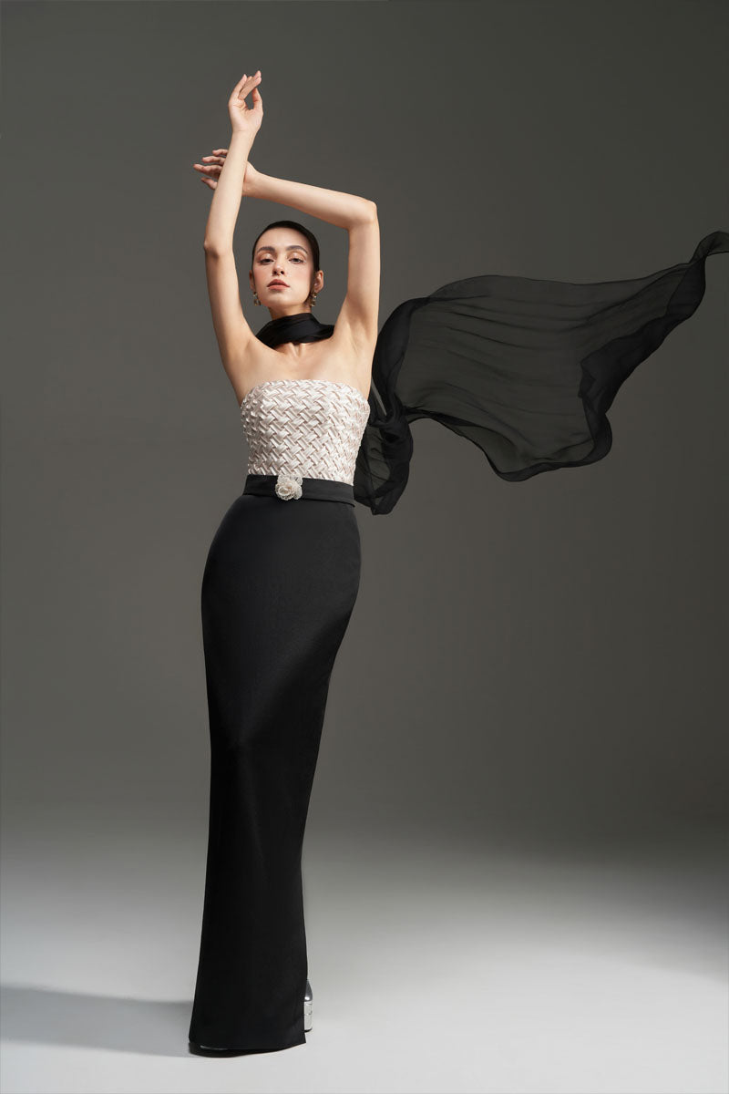 SMOCKING SILK AND SILK TAFFETA DRESS IN BLACK AND IVORY - CULT MIA