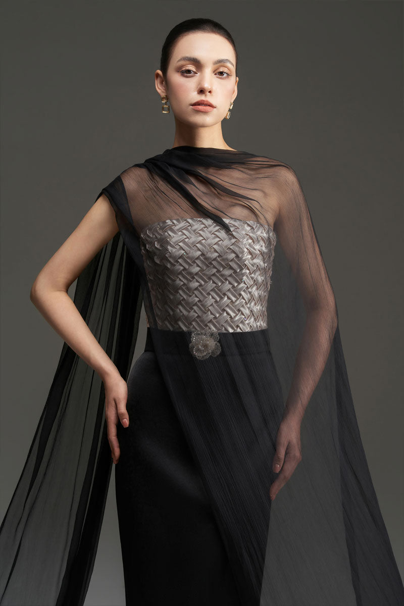 SMOCKING SILK AND SILK TAFFETA DRESS IN BLACK AND IVORY - CULT MIA
