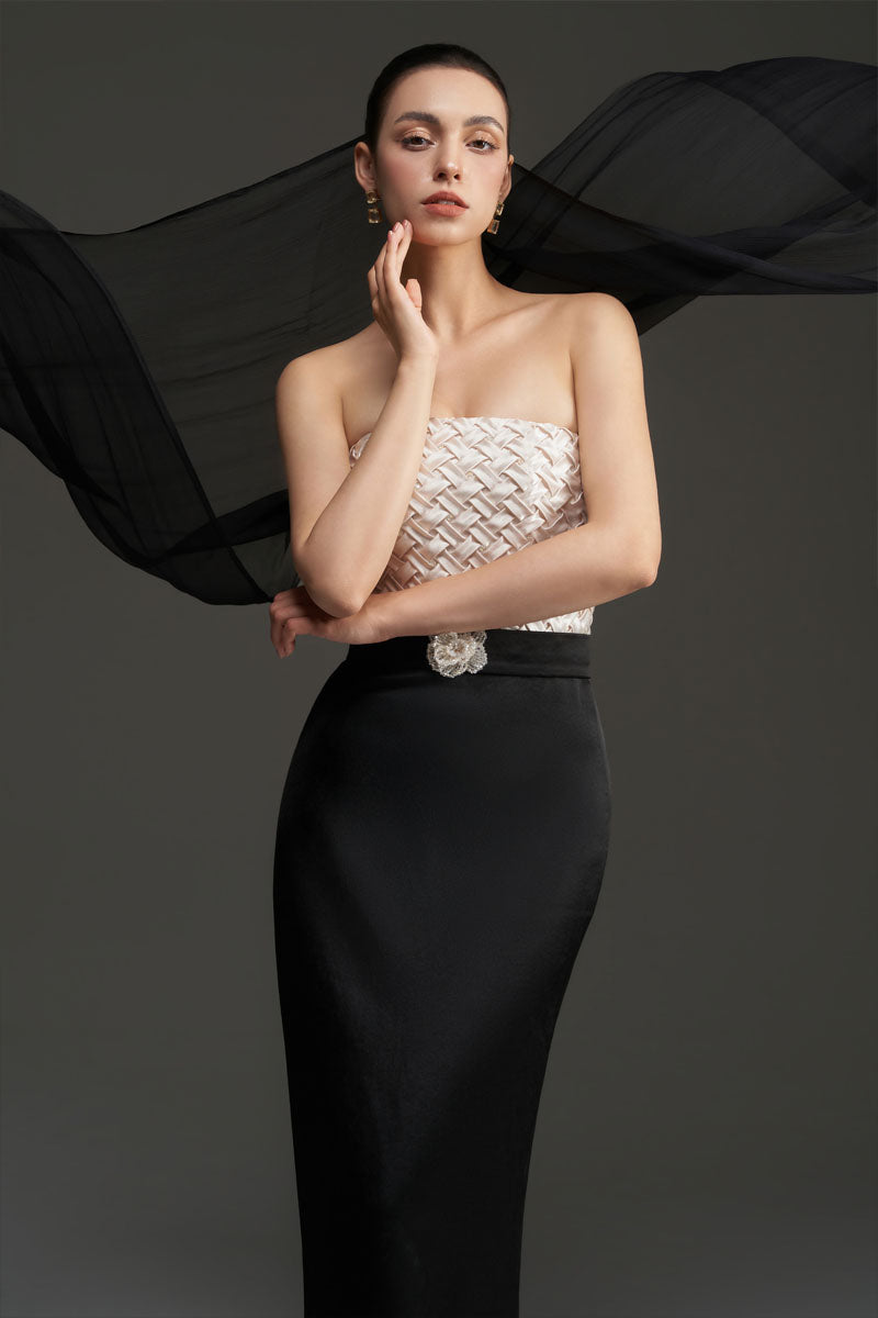 SMOCKING SILK AND SILK TAFFETA DRESS IN BLACK AND IVORY - CULT MIA