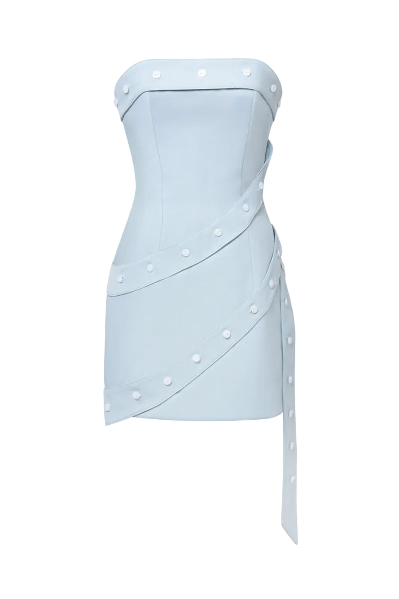 WRAP BUTTON MINI DRESS IN DUSTY BLUE WRAP BUTTON MINI DRESS IN DUSTY BLUE