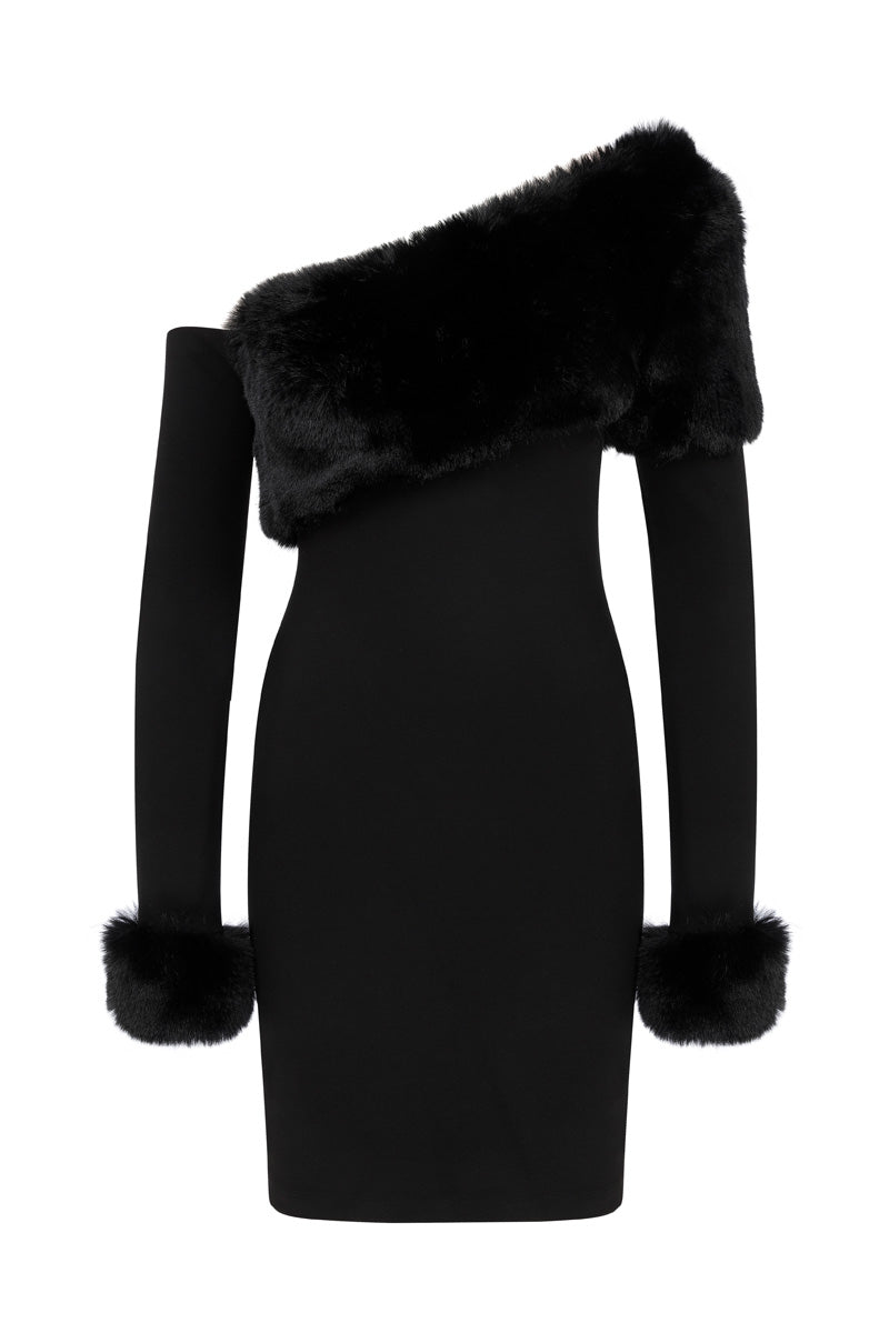 FROSTY NOIR MINI DRESS WITH FUR - CULT MIA