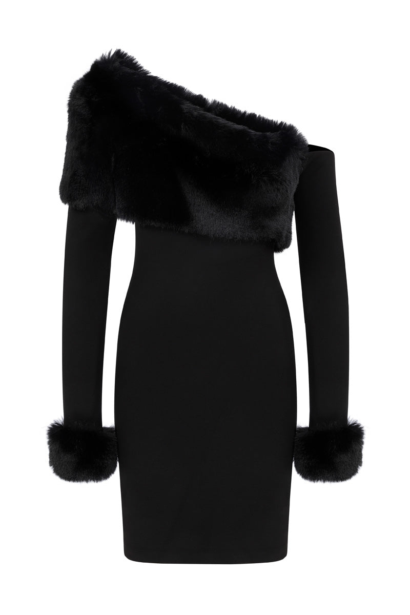 FROSTY NOIR MINI DRESS WITH FUR - CULT MIA