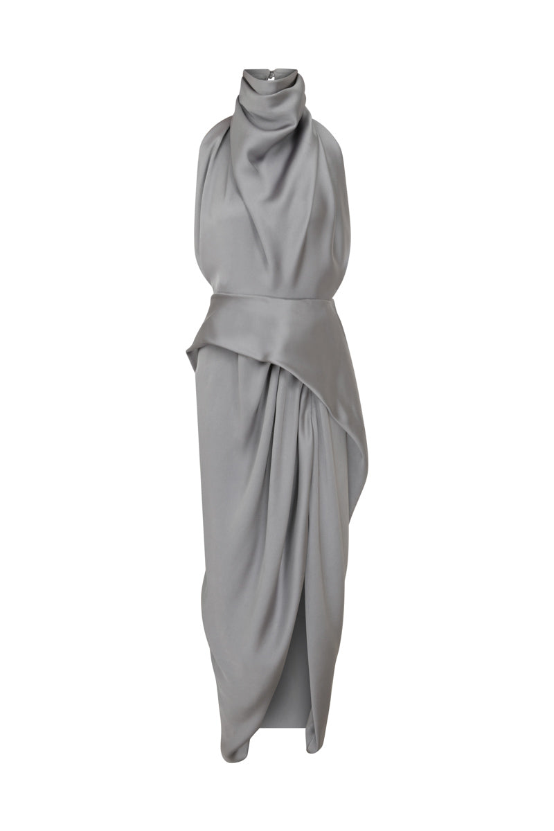 GRAY HALTERNECK SATIN CREPE MAXI DRESS | CULT MIA | TAGG GRAY HALTERNECK SATIN CREPE MAXI DRESS | CULT MIA | TAGG
