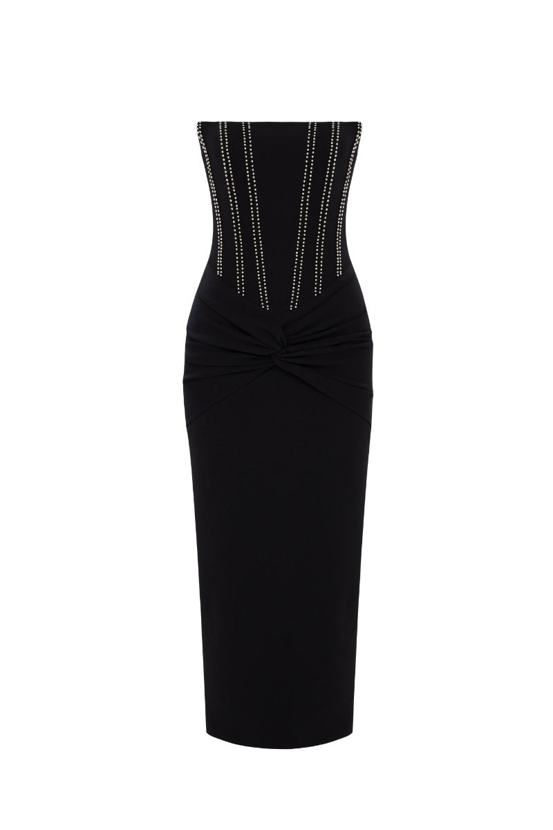 black strapless corset midi dress Clothing: Dresses: Contessa' Black Strapless Satin Corset Midi Dress