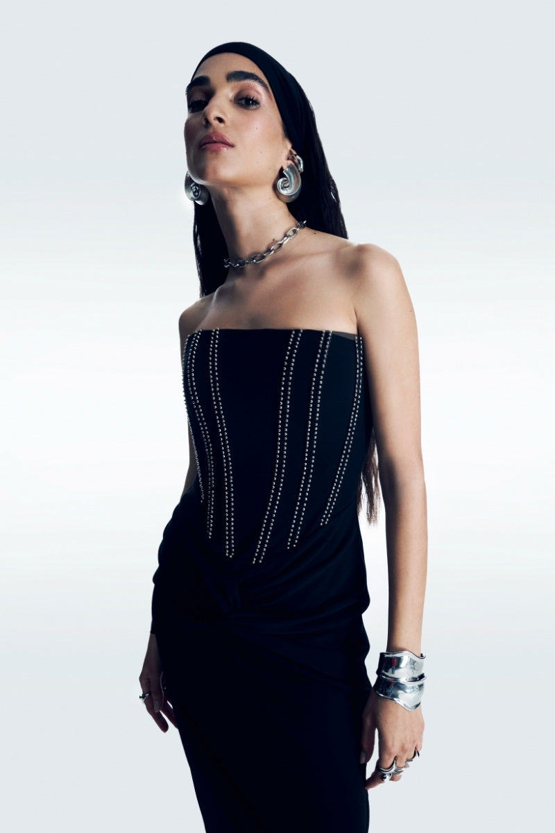 CORSET DETAILED STRAPLESS MIDI DRESS IN BLACK - CULT MIA