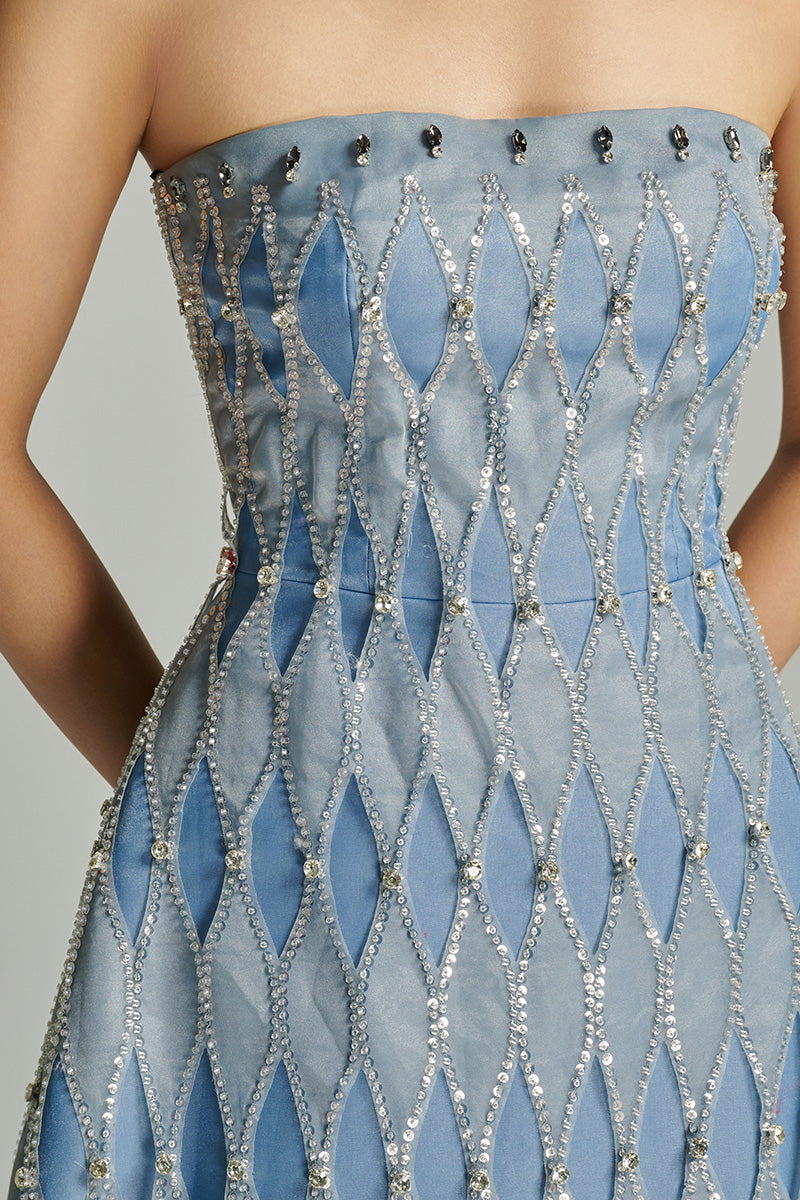 CULT MIA X HAPPY CLOTHING STRAPLESS STONE DRESS WITH SCARF IN BLUE - CULT MIA