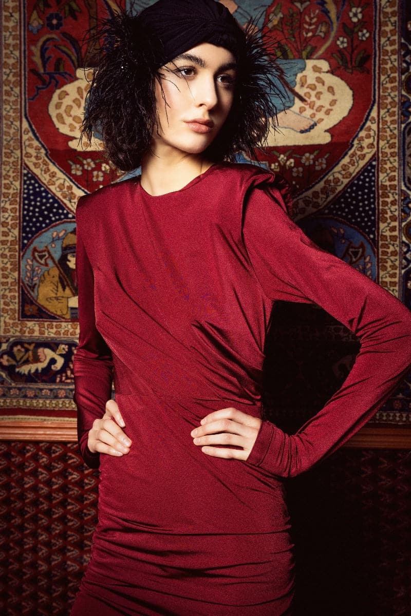SAHAR RED RUCHED STRETCH-JERSEY MIDI DRESS - CULT MIA