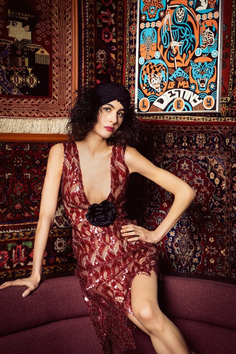 ASYMMETRIC SEQUINED LACE MINI DRESS WITH DETACHABLE ROSE - CULT MIA