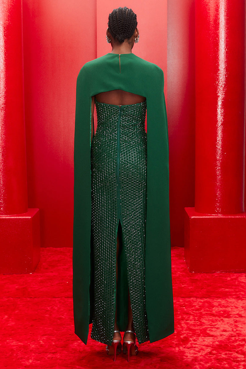 EMBROIDERED STRAPLESS GOWN WITH REMOVABLE CAPE IN EMERALD GREEN - CULT MIA