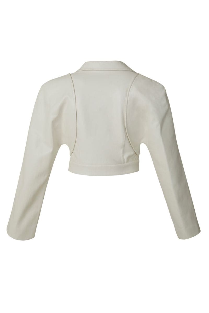 WHITE FAUX LEATHER CROPPED BLAZER | Blikvanger | CULT MIA