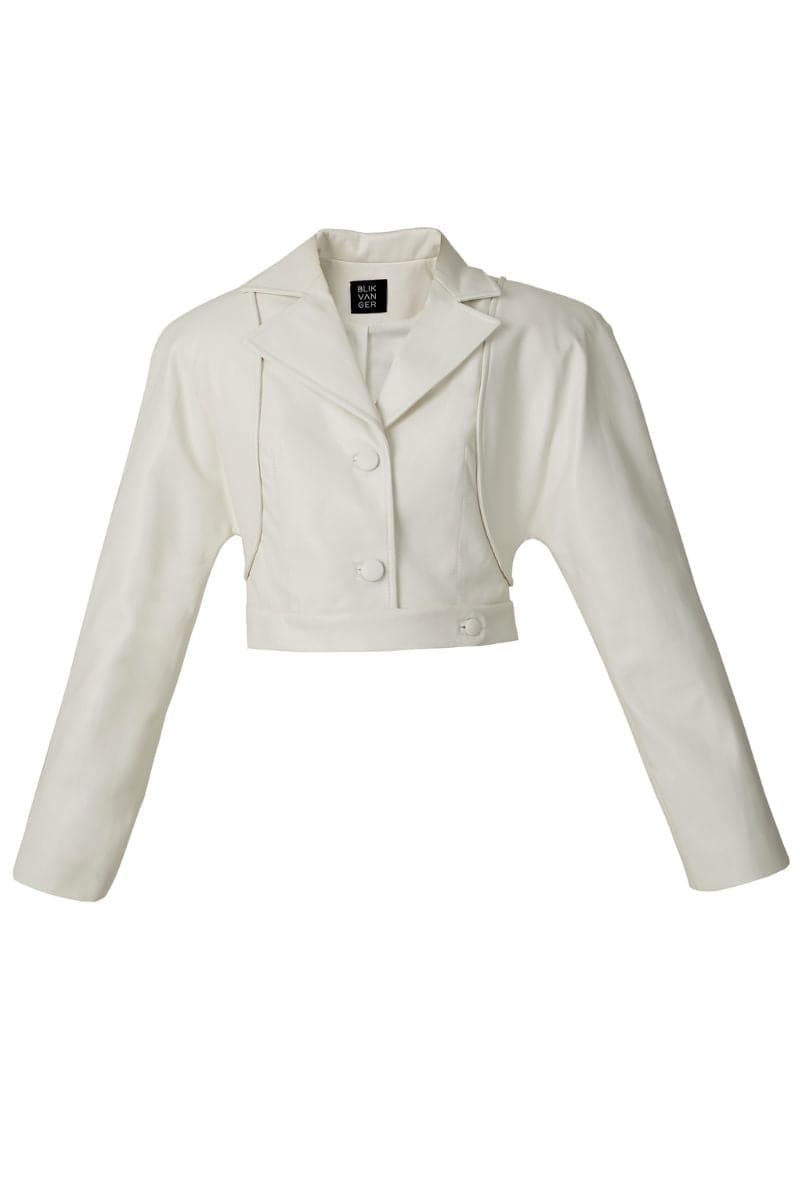 WHITE FAUX LEATHER CROPPED BLAZER | Blikvanger | CULT MIA