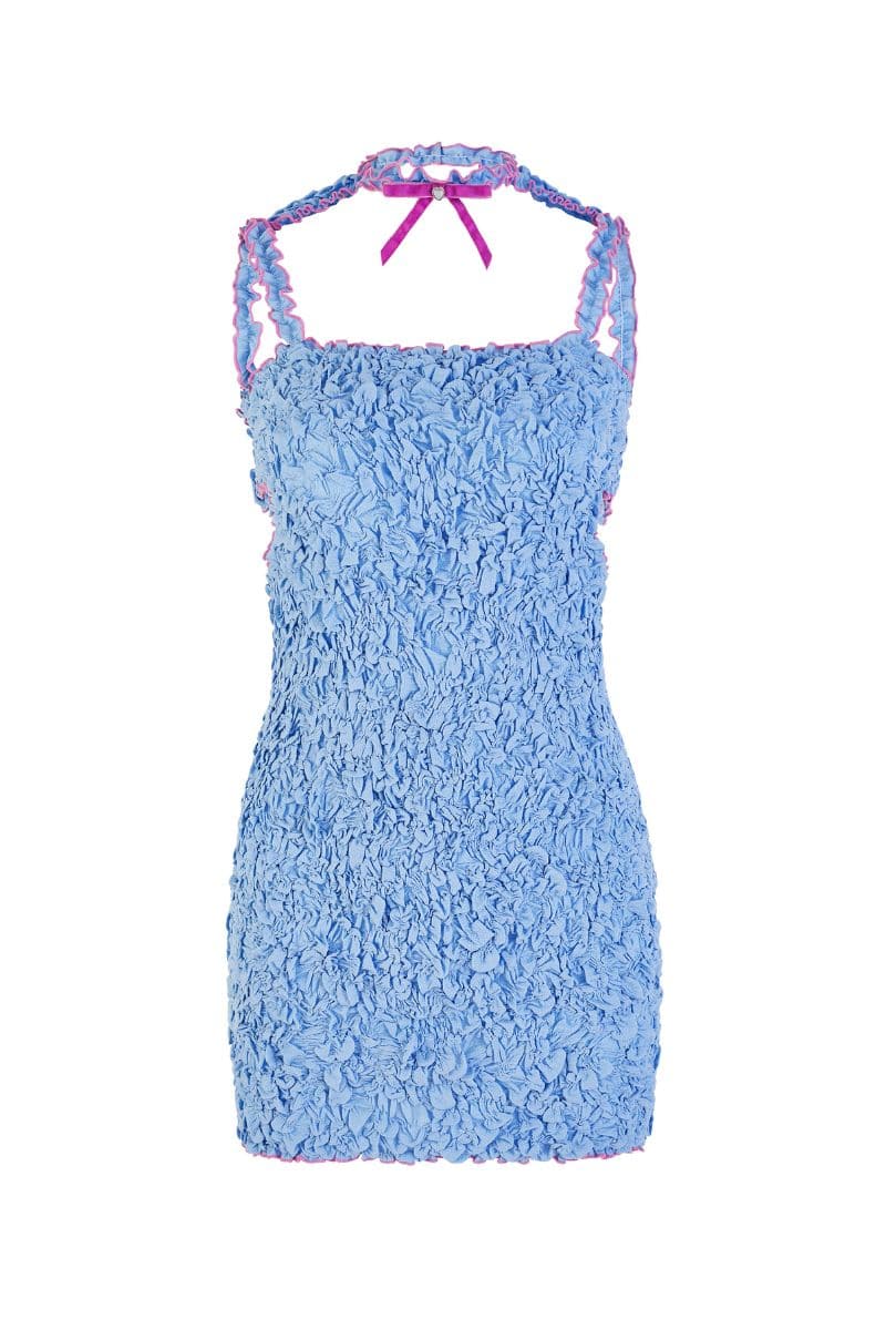Chictopia Blue Smocked Mini Dress with Contrasting Pink Hemming | Cult Mia Chictopia Blue Smocked Mini Dress with Contrasting Pink Hemming | Cult Mia