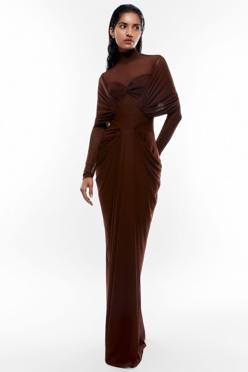 BROWN DRAPED FULL SLEEVES NET DRAPED GOWN | Deme By Gabriella | CULT MIA