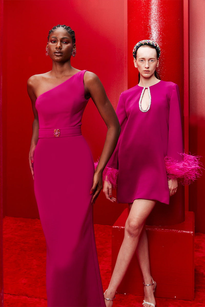 SHORT DRESS WITH DAZZLING CRYSTAL IN DEEP MAGENTA - CULT MIA