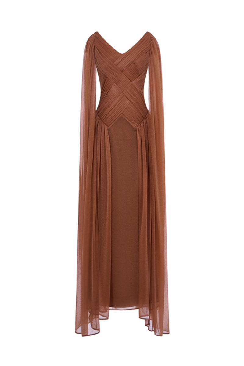 SPANDEX SHEER CHIFFON MAXI DRESS IN BEIGE | CULT MIA | EEGEN STUDIO SPANDEX SHEER CHIFFON MAXI DRESS IN BEIGE | CULT MIA | EEGEN STUDIO