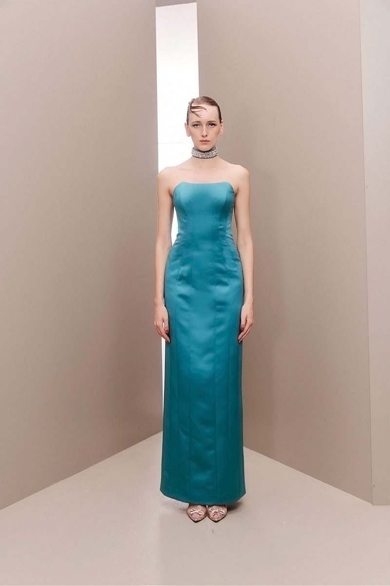 CORSET GOWN WITH BEDAZZLED CHOKER ACCENT - CULT MIA