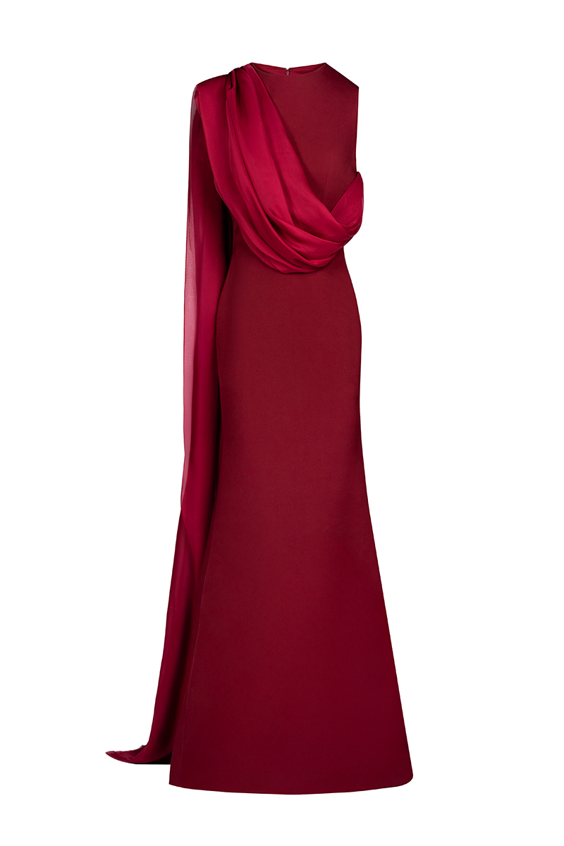 BURGUNDY ONE-SHOULDER CAPE DRESS | CULT MIA | Joanna Andraos BURGUNDY ONE-SHOULDER CAPE DRESS | CULT MIA | Joanna Andraos