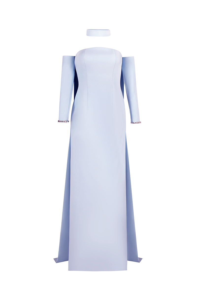 STRAPLESS CREPE TUBE DRESS IN BABY BLUE | CULT MIA | Joanna Andraos STRAPLESS CREPE TUBE DRESS IN BABY BLUE | CULT MIA | Joanna Andraos