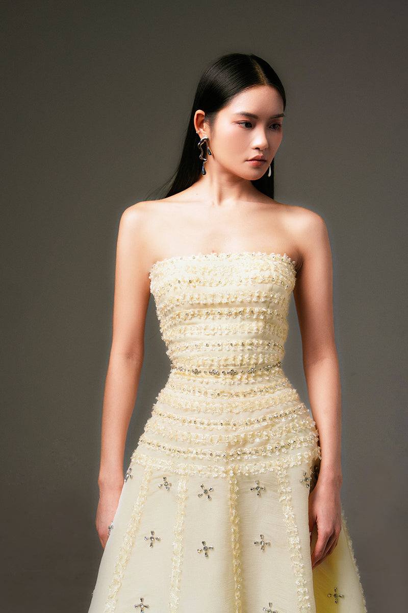 CULT MIA X HAPPY CLOTHING TERRY STRAPLESS STONE ORGANZA MAXI DRESS IN LIGHT YELLOW - CULT MIA