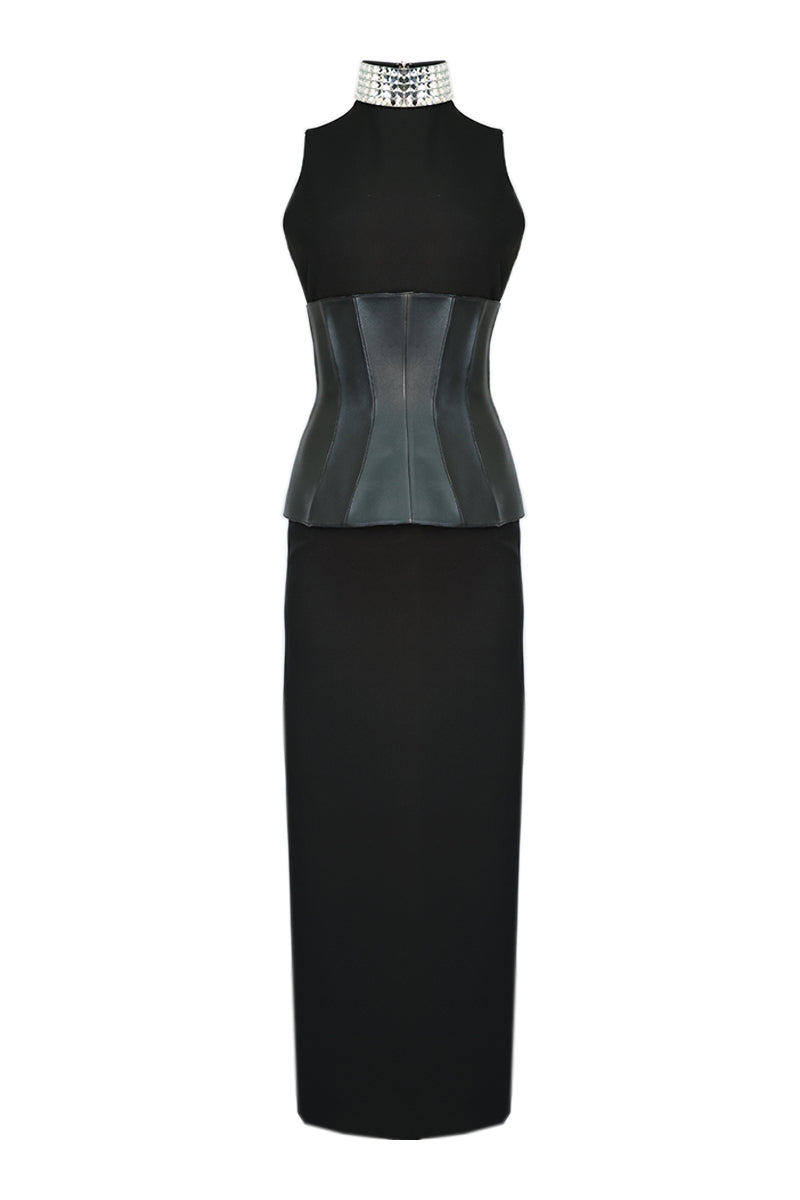 GLAMOUROUS MIRROR-EMBELLISHED GOWN WITH VEGAN CORSET BELT - CULT MIA