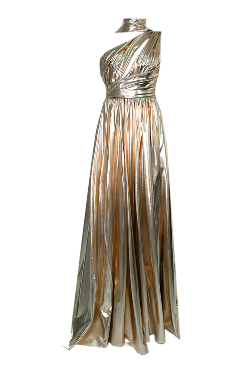 ROSE GOLD METALLIC DRAPED ASYMMETRIC GOWN - CULT MIA
