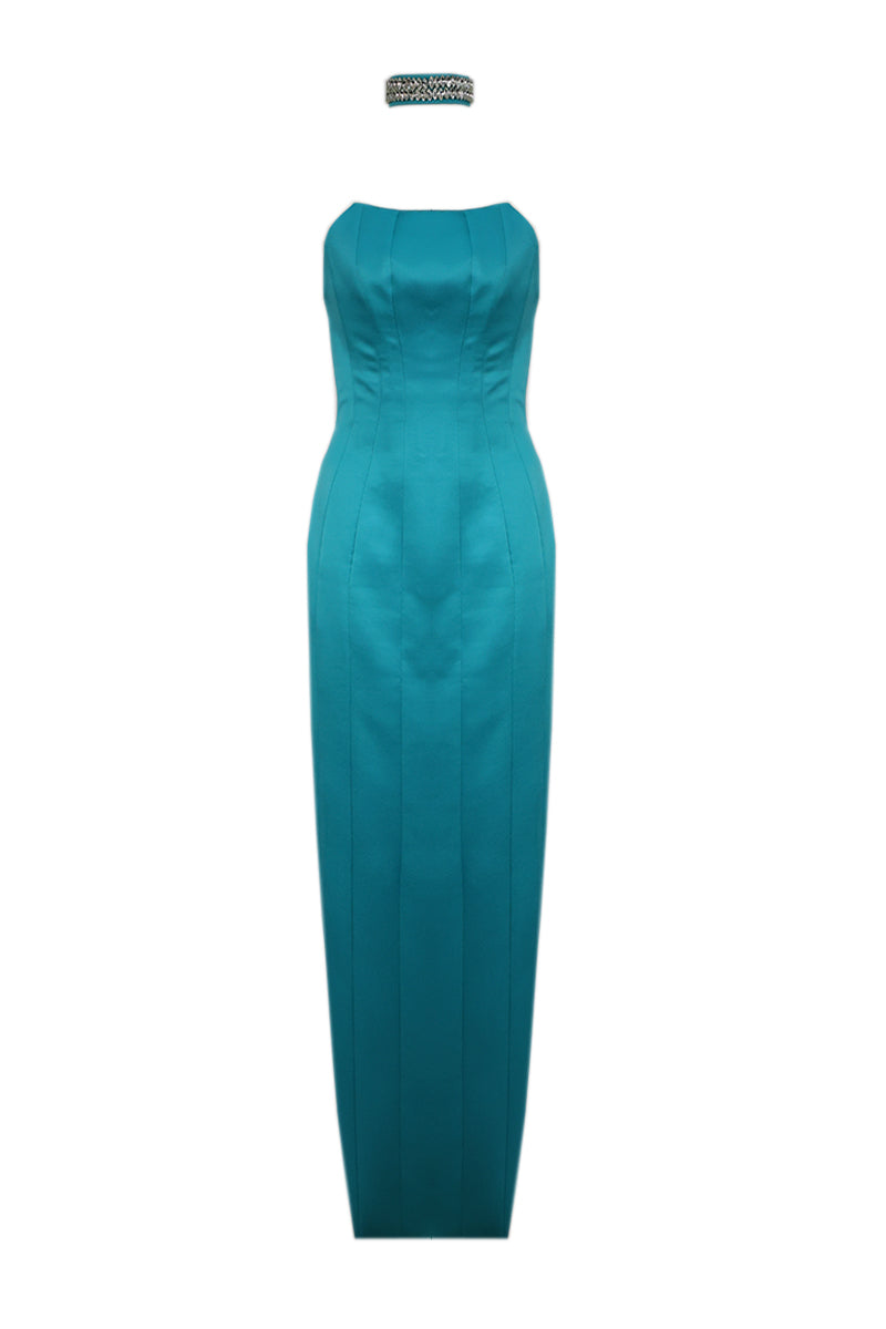 CORSET GOWN WITH BEDAZZLED CHOKER ACCENT - CULT MIA