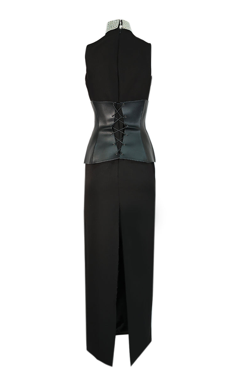 GLAMOUROUS MIRROR-EMBELLISHED GOWN WITH VEGAN CORSET BELT - CULT MIA