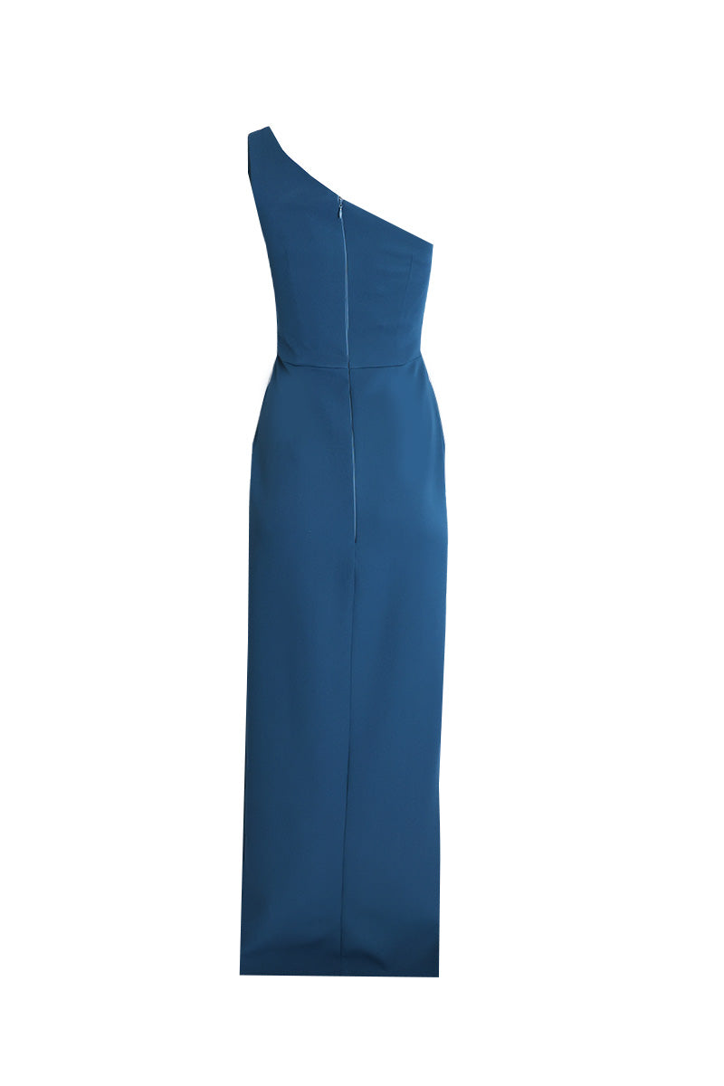 ONE-SHOULDER DRESS WITH DETACHABLE FLORAL CAPE IN PETROL - CULT MIA