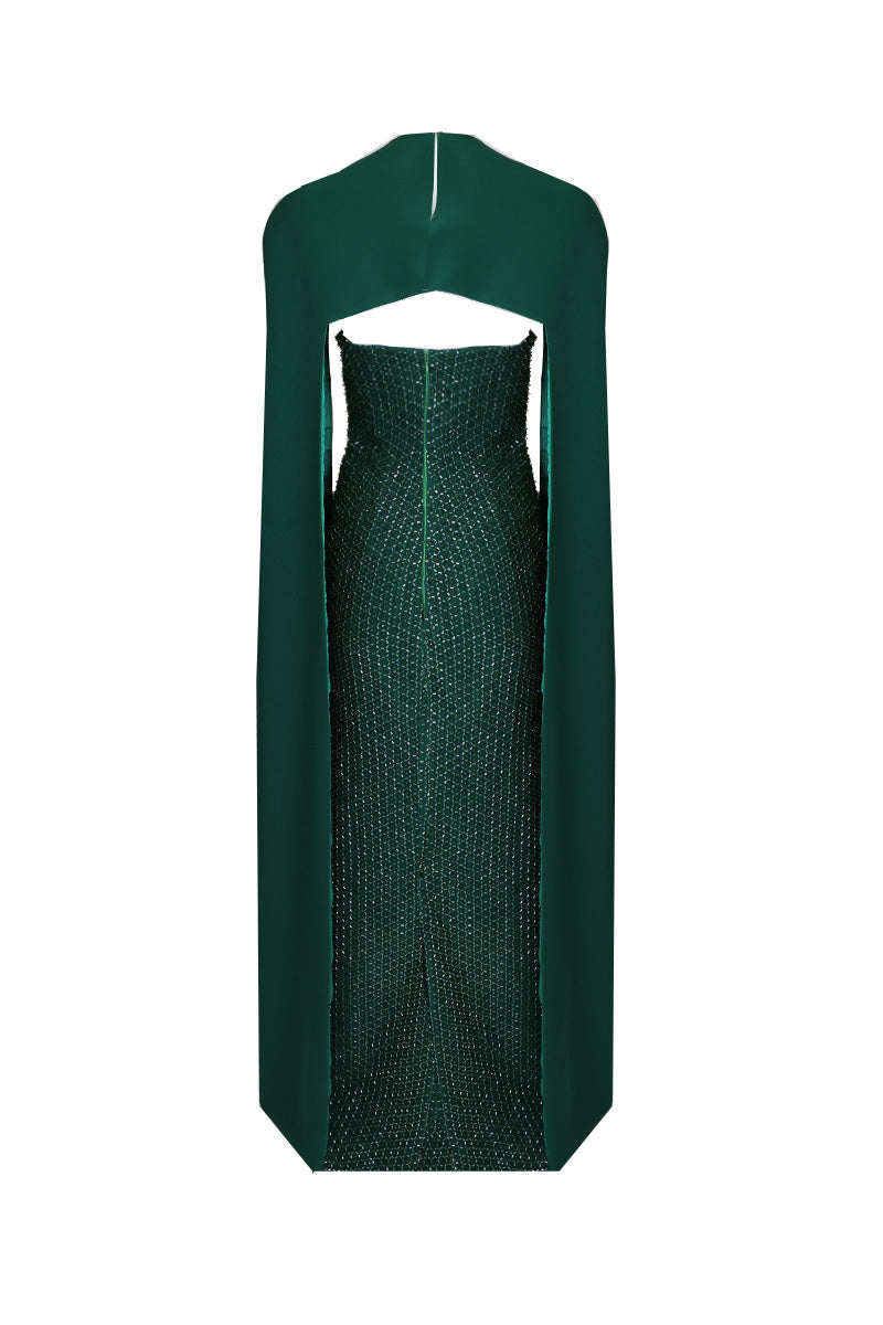 EMBROIDERED STRAPLESS GOWN WITH REMOVABLE CAPE IN EMERALD GREEN - CULT MIA