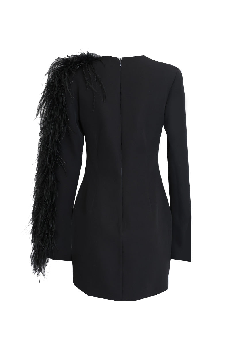 ONE-SHOULDER FEATHER FULL-SLEEVE SHORT DRESS IN MIDNIGHT BLACK - CULT MIA