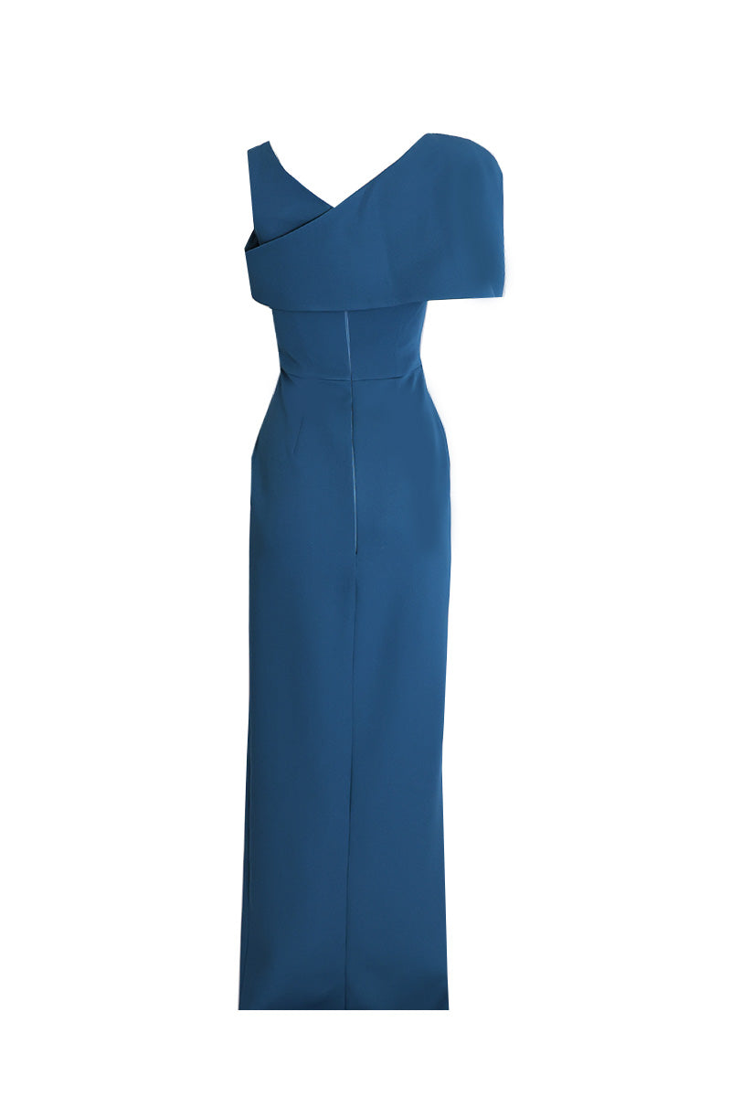 ONE-SHOULDER DRESS WITH DETACHABLE FLORAL CAPE IN PETROL - CULT MIA