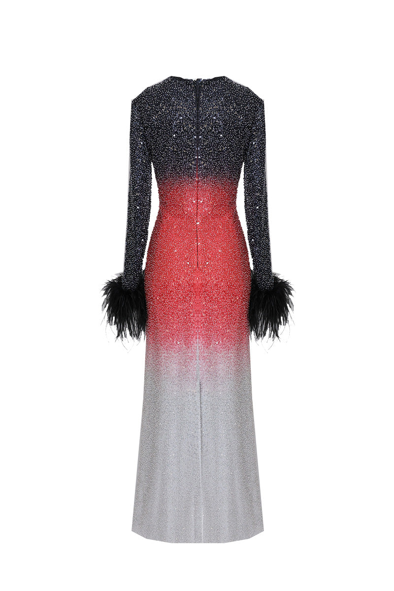STUNNING OMBRÉ FULL-LENGTH GOWN WITH FEATHERED SLEEVES - CULT MIA