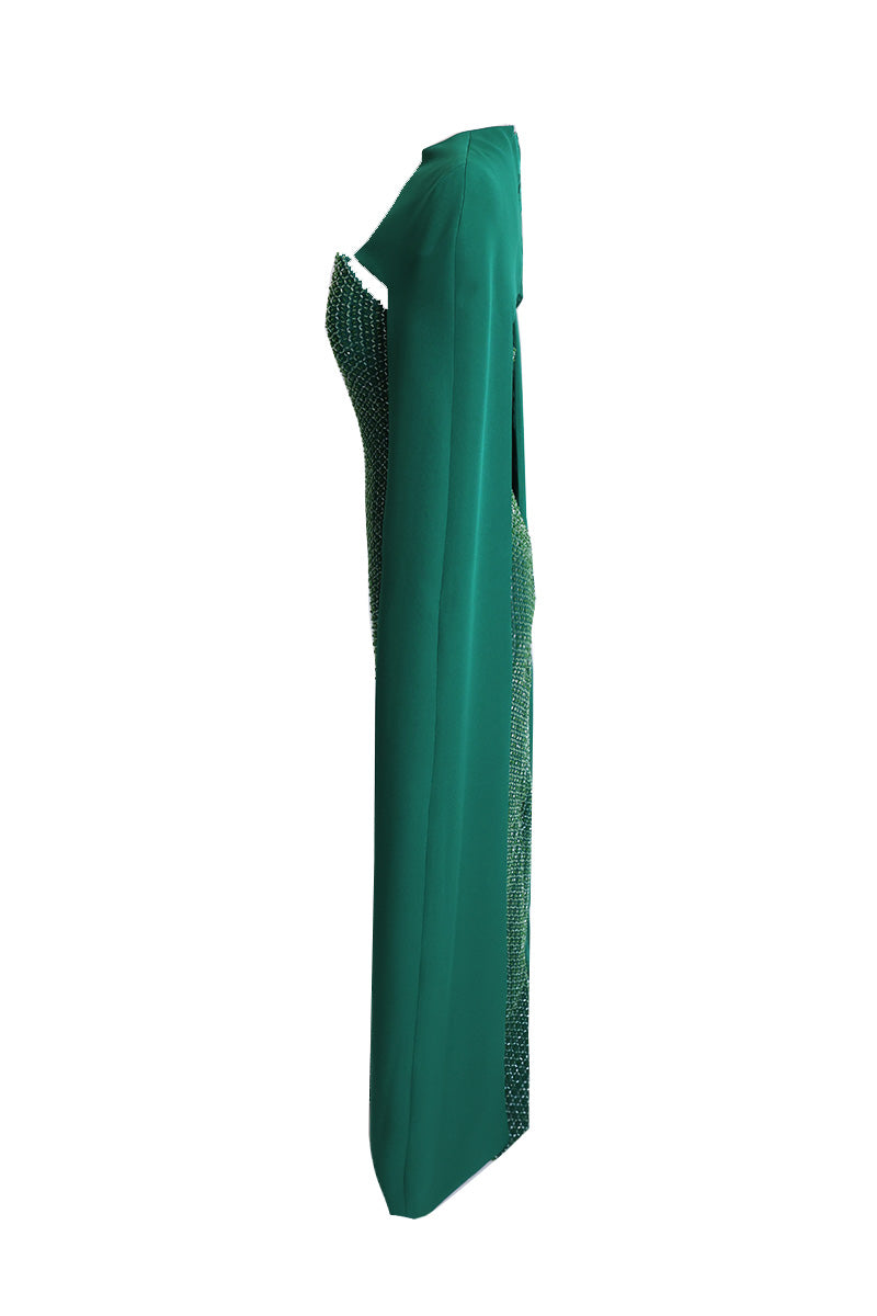 EMBROIDERED STRAPLESS GOWN WITH REMOVABLE CAPE IN EMERALD GREEN - CULT MIA