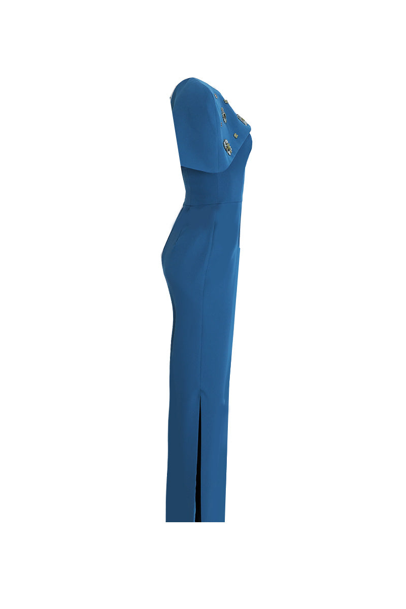 ONE-SHOULDER DRESS WITH DETACHABLE FLORAL CAPE IN PETROL - CULT MIA