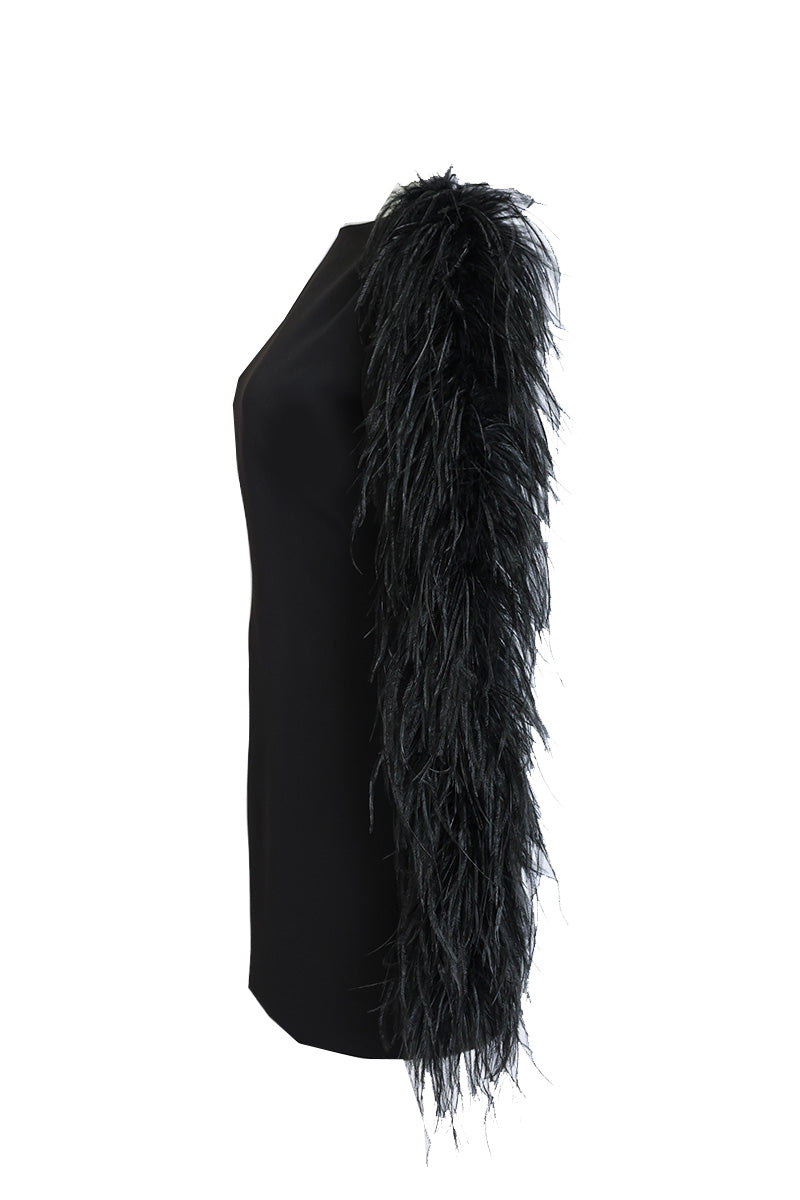 ONE-SHOULDER FEATHER FULL-SLEEVE SHORT DRESS IN MIDNIGHT BLACK - CULT MIA