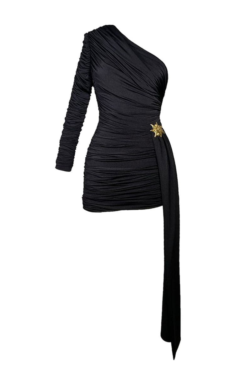 HELIOS BLACK ONE-SHOULDER MINI DRESS | CULT MIA