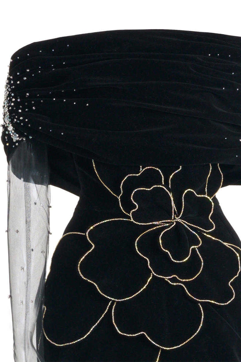 OFF-SHOULDER VELVET MAXI DRESS WITH FLORAL DETAILS - CULT MIA
