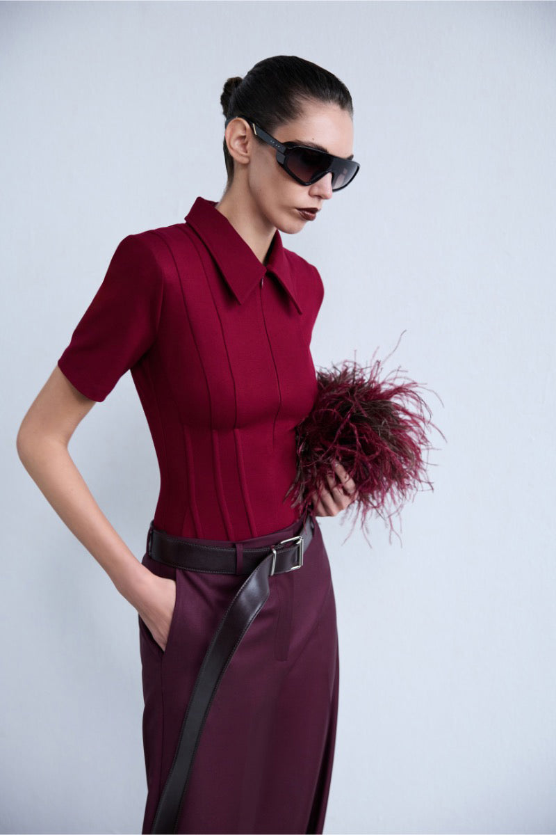 KATE POLO NECK CORSET DETAILED T SHIRT IN BURGUNDY - CULT MIA