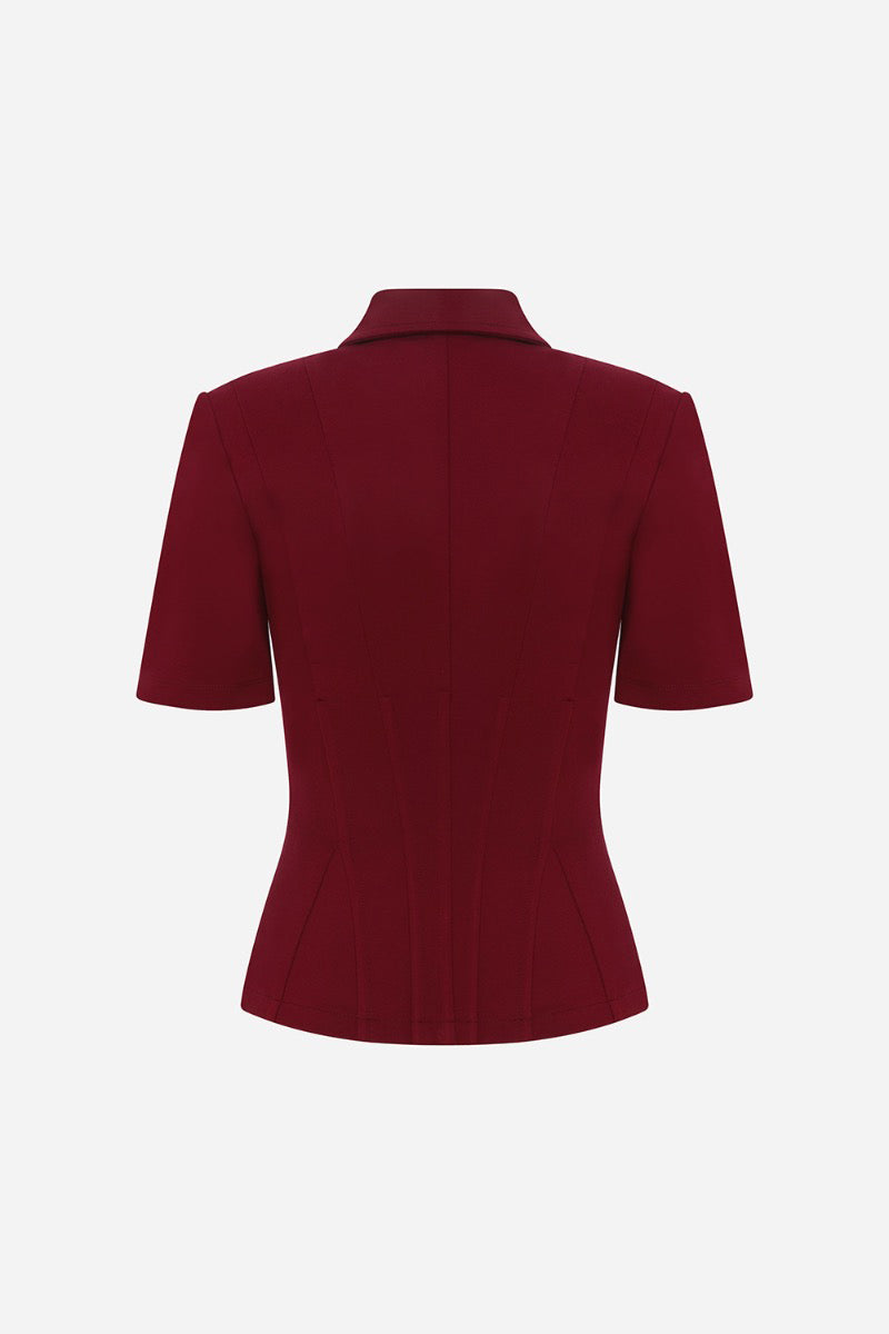 KATE POLO NECK CORSET DETAILED T SHIRT IN BURGUNDY - CULT MIA