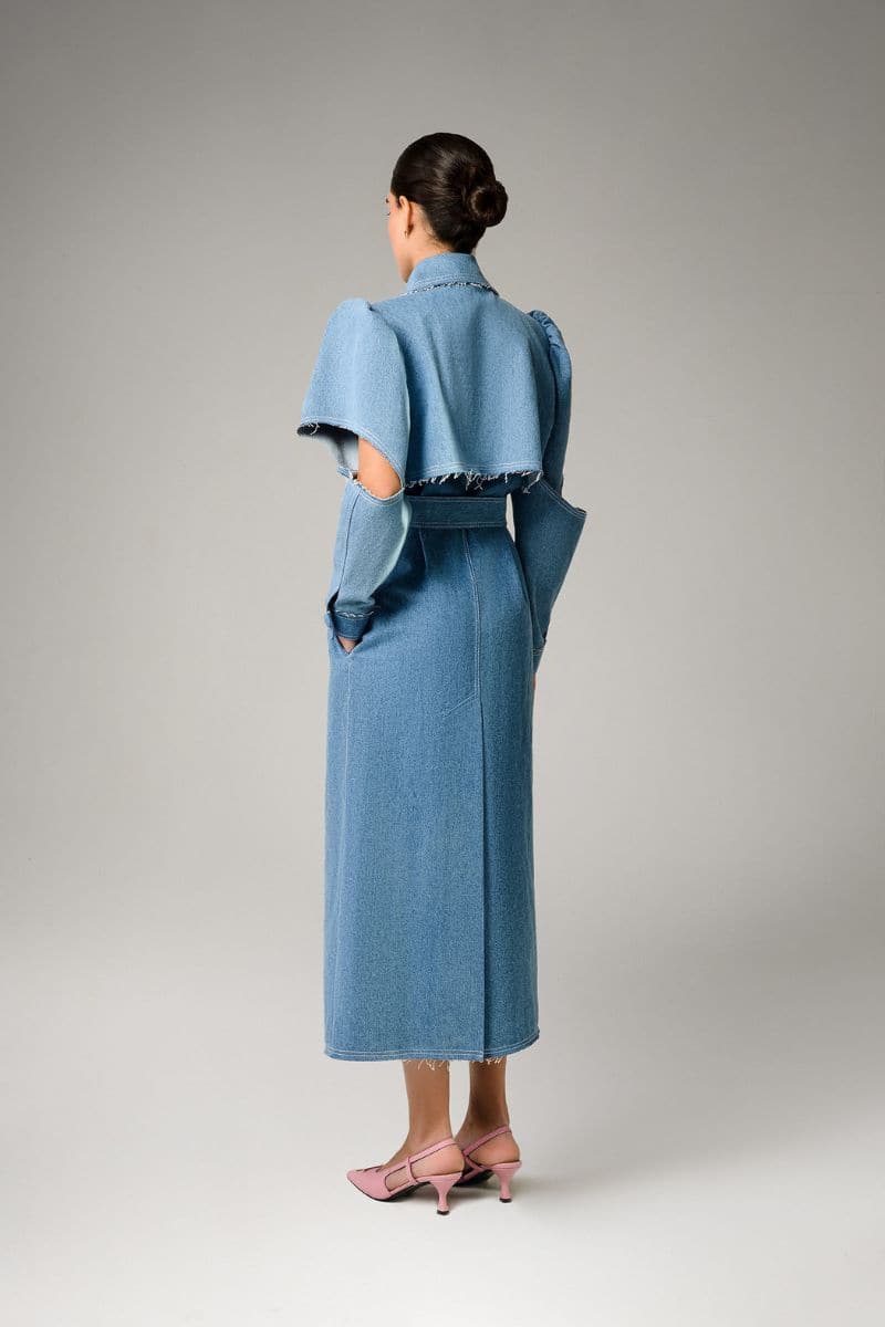 AQUA DENIM CUT-OUT TRENCH COAT | Liya | CULT MIA