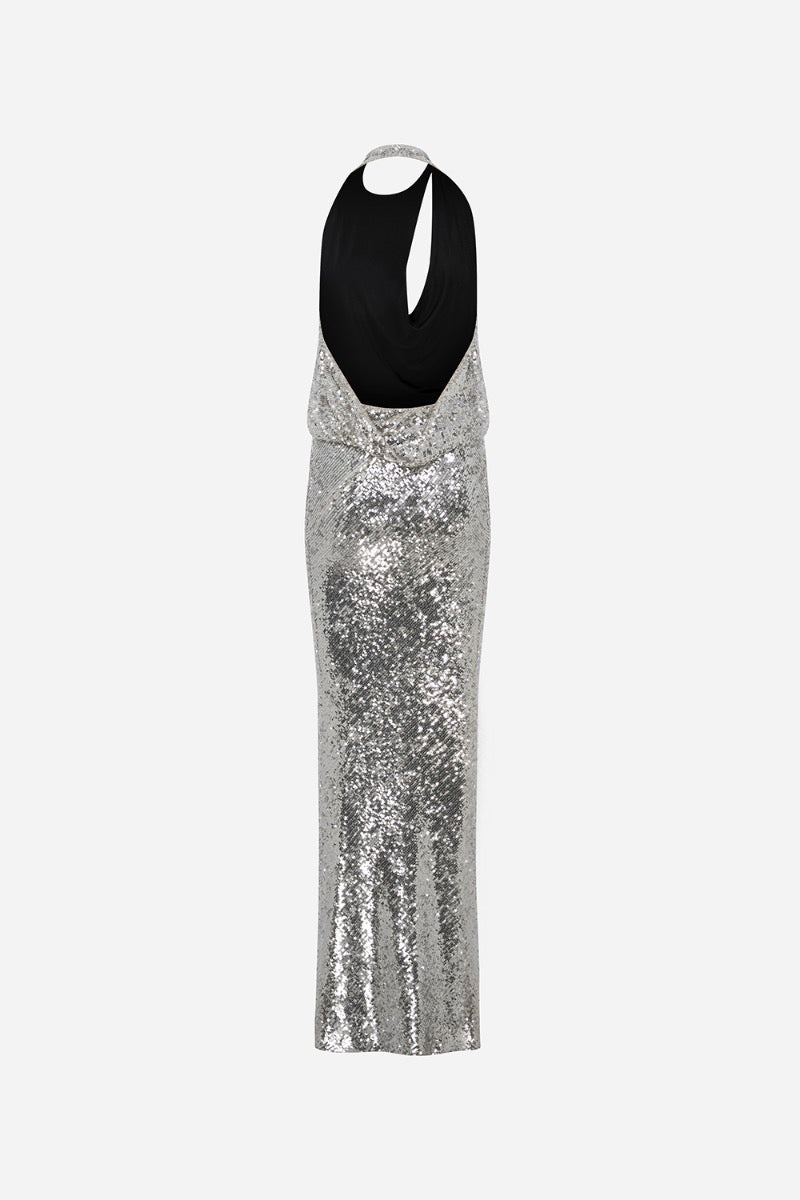 LONE CROWL NECK CUT OUT DETAILED SEQUIN MAXI DRESS - CULT MIA