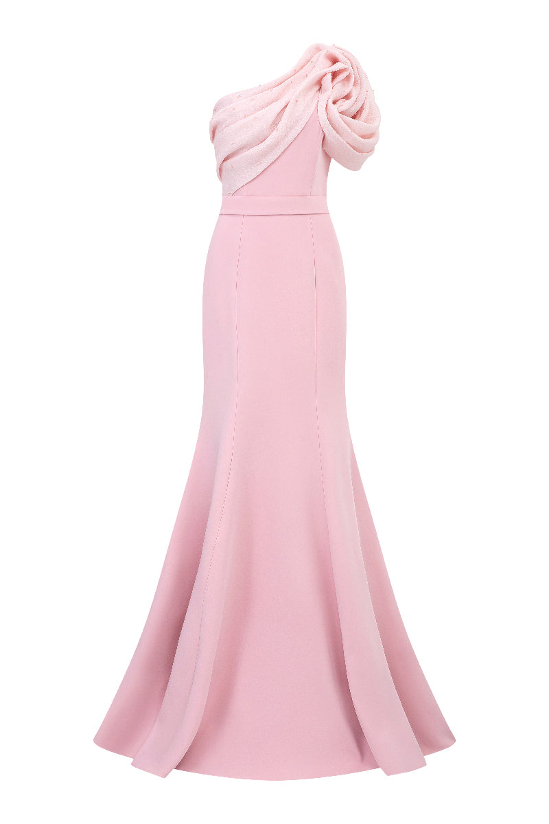 I.H.F ASYMMETRICAL SHOULDER MERMAID GOWN WITH FLORAL DRAPED DETAILS | Cult Mia I.H.F ASYMMETRICAL SHOULDER MERMAID GOWN WITH FLORAL DRAPED DETAILS | Cult Mia