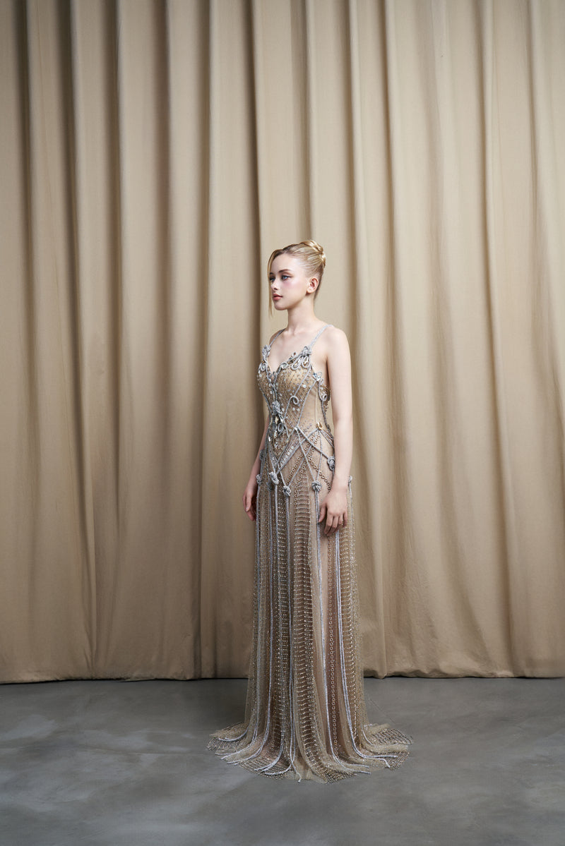 SPAGHETTI STRAP EMBROIDERED BEIGE GOWN WITH BEADED TULLE SKIRT - CULT MIA