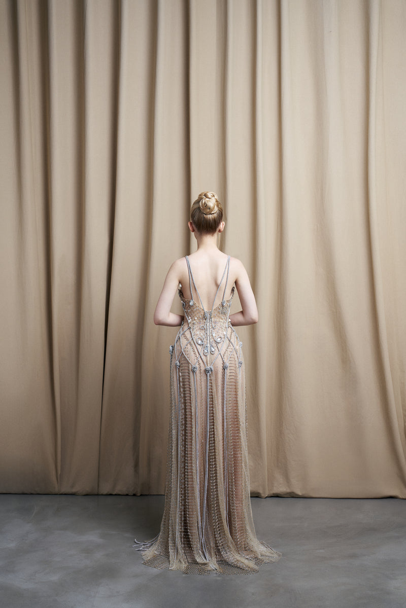 SPAGHETTI STRAP EMBROIDERED BEIGE GOWN WITH BEADED TULLE SKIRT - CULT MIA