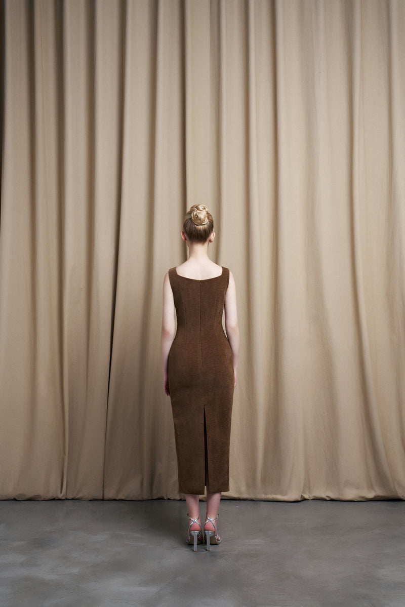 SWEETHEART NECK BROWN MIDI DRESS WITH CRYSTAL DROPLETS - CULT MIA