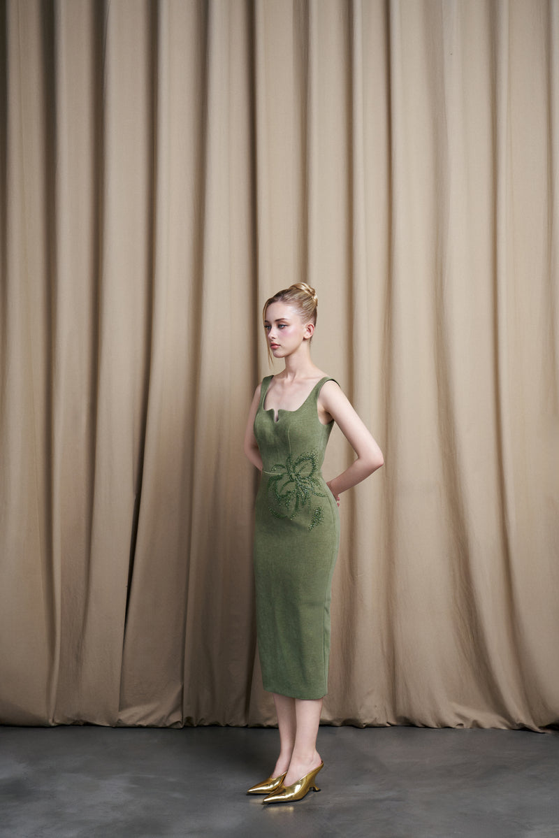 CURVED NECK OLIVE GREEN VELVET MIDI DRESS - CULT MIA