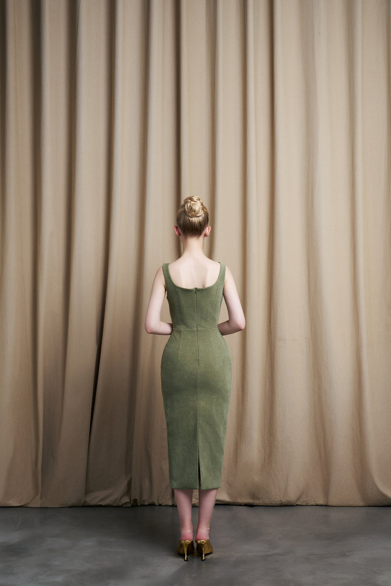 CURVED NECK OLIVE GREEN VELVET MIDI DRESS - CULT MIA