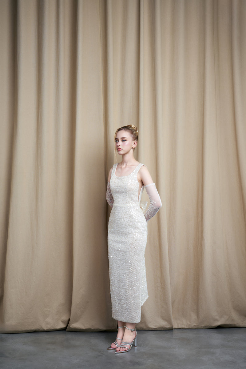 SCOOP NECK IVORY SEQUIN MIDI DRESS - CULT MIA