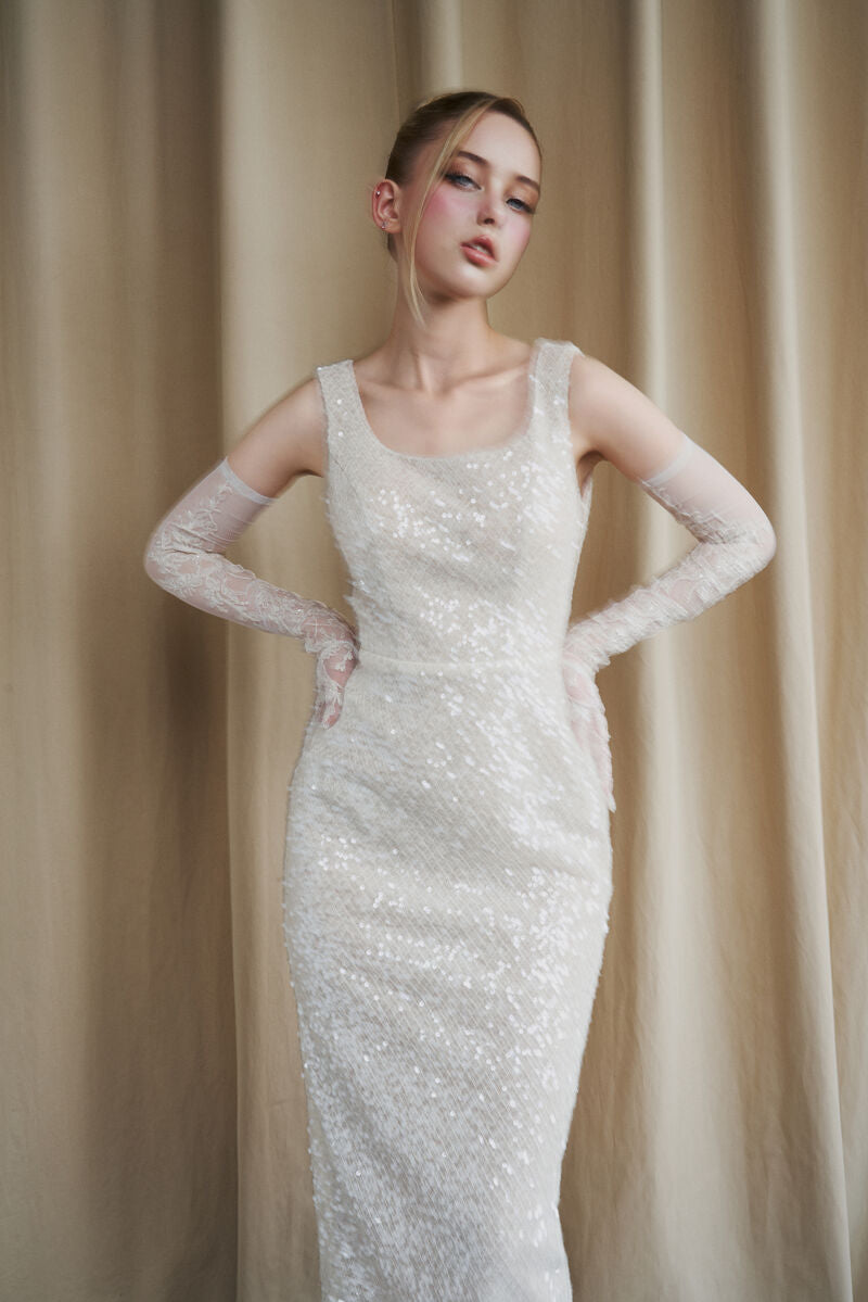 SCOOP NECK IVORY SEQUIN MIDI DRESS - CULT MIA