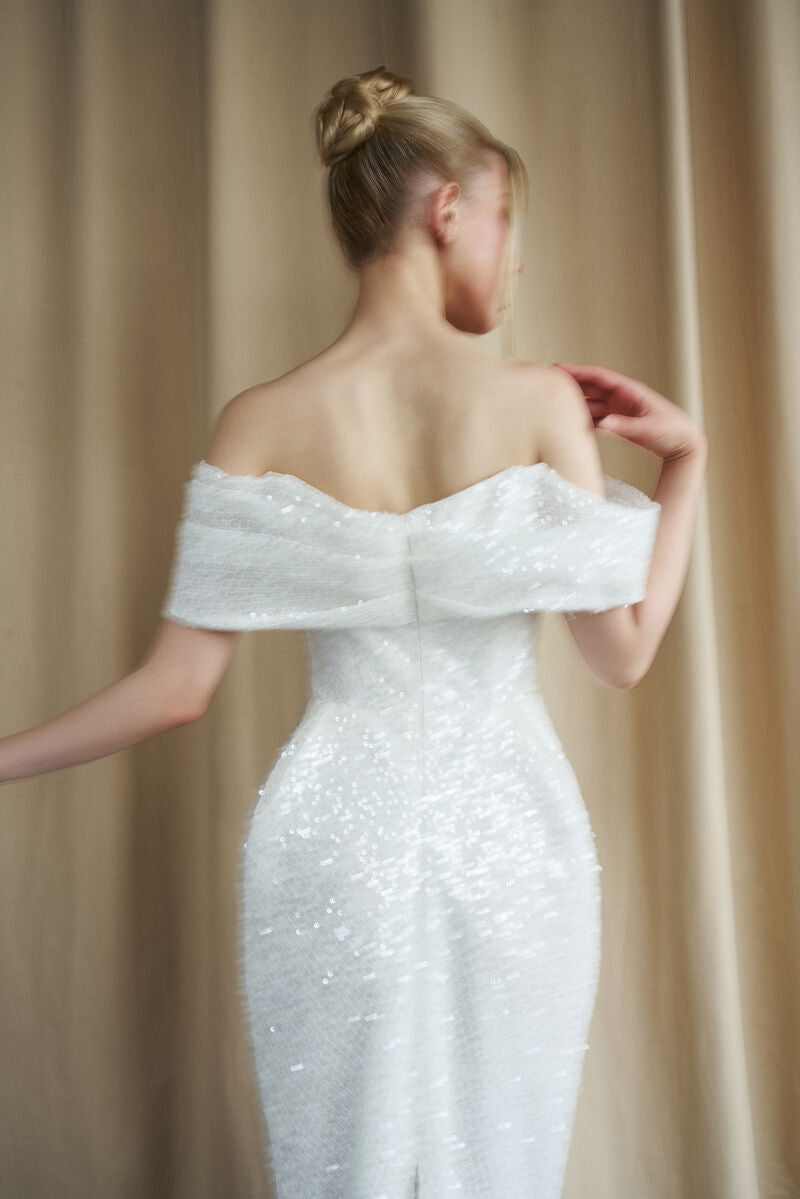 OFF-SHOULDER DRAPE IVORY SEQUIN GOWN - CULT MIA